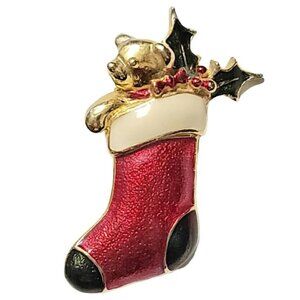 SFJ Christmas Stocking Holly Pin Red and Black Enamel Bear Brass, Signed
